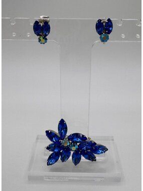 Vintage Blue Rhinestone Brooch Earring Set AB Accent Silver Tone Floral